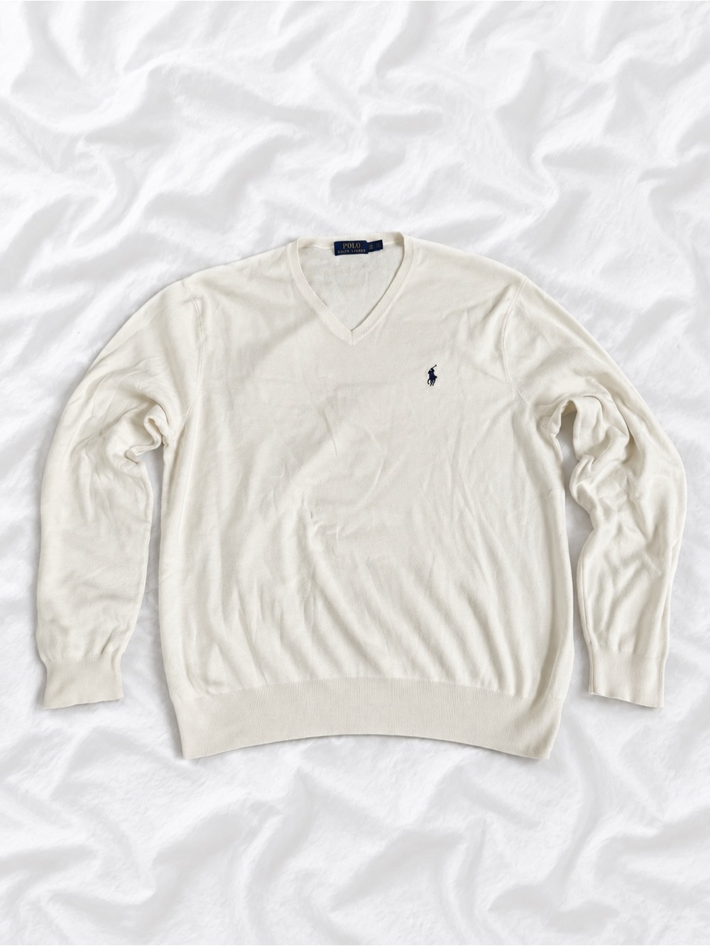 Ralph Lauren V-Neck Sweater in Off-White with Navy Pony